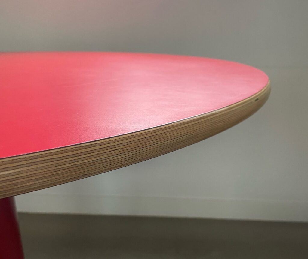 Custom made dining table, red steel base & laminated wooden top, The ...
