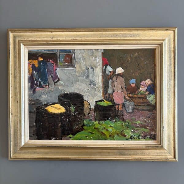 Painting Russian School, 'Girls on the farm', oil on board, 1963