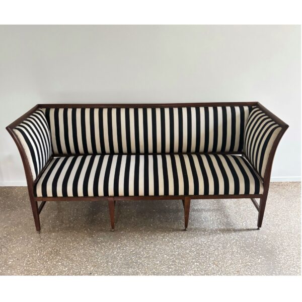 Mahogany and elm wooden 3-seater sofa, striped fabric, 1st half 19th century