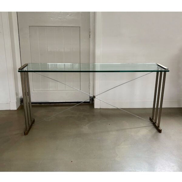 Console table with brass details and glass top, Peter Ghyczy for Ghyczy, The Netherlands, 2nd half 20th century