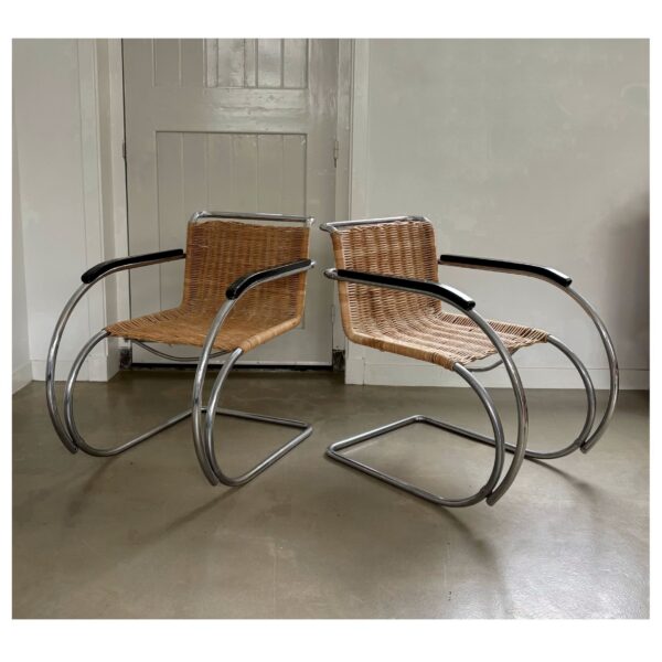 Pair of rattan and chromed tubular metal lounge chairs, (in style of) Ludwig Mies van der Rohe, 1930s