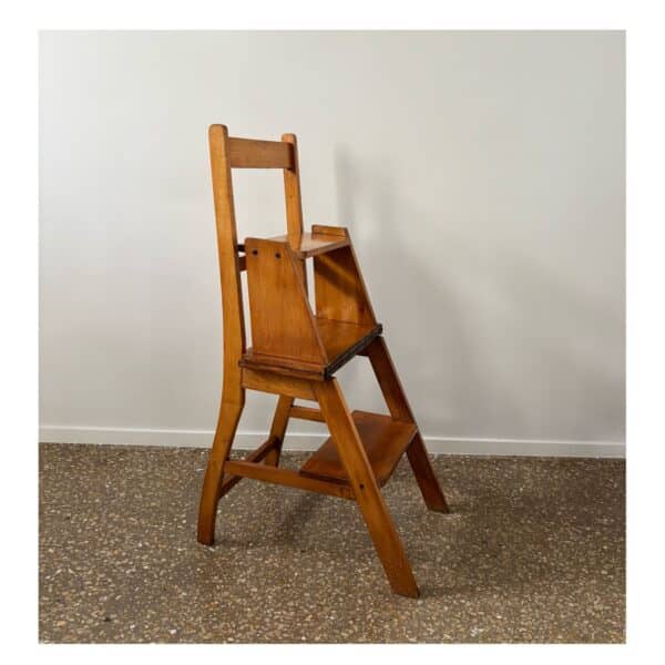 Oak wooden 'library' ladder and chair, The Netherlands, 1930s.