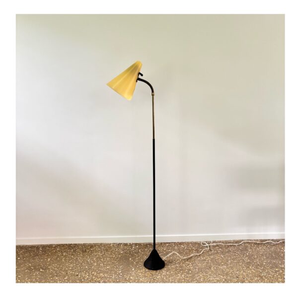 Mid-century floorlamp, black metal, brass and yellow shade, Malmö Metallvarufabrik AB, Sweden