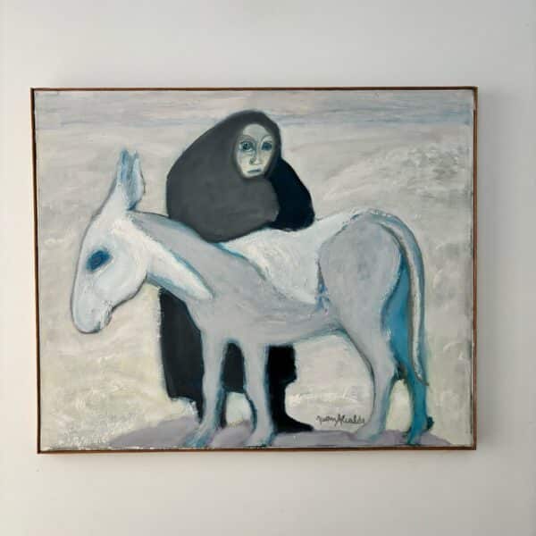 Painting oil on canvas by Spanish artist Juan Alcalde (1918-2020), "Woman and donkey"
