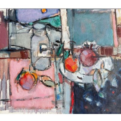 Painting fruit and bottle unframed 2