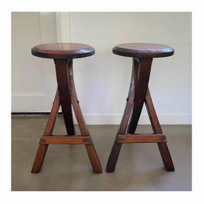 Set of 2 brutalist wooden bar stools MAIN