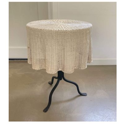 Wicker, wavy table cloth table, cast iron tripod base 2